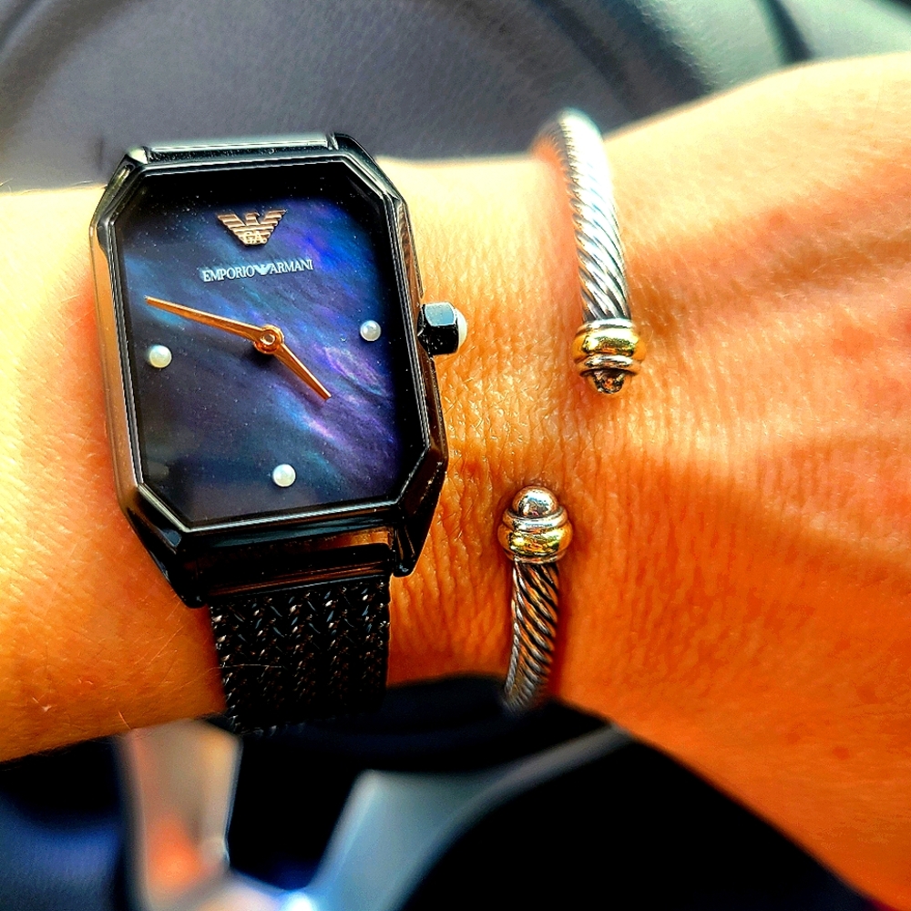 Emporio Armani Black Shell Watch with Iridescent Blue-Purple Face
